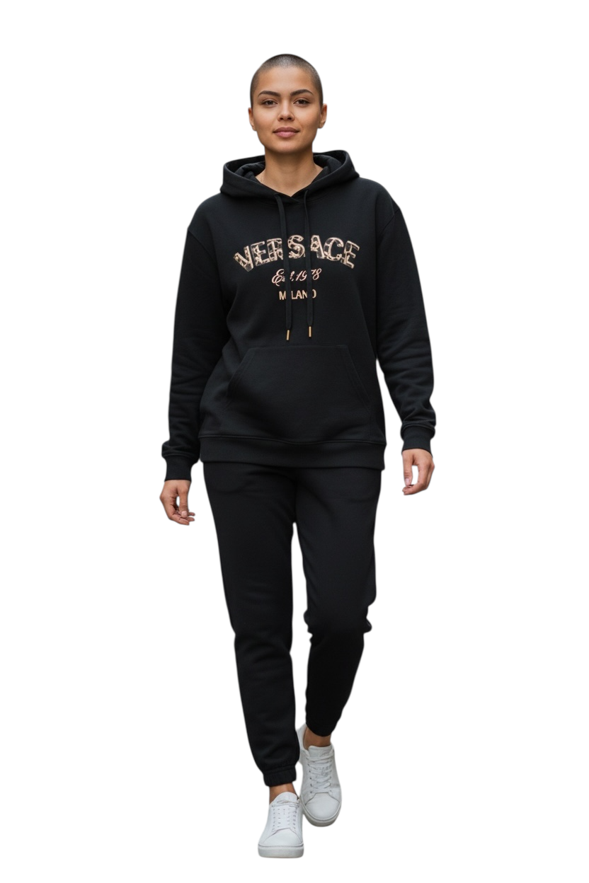 Versace Leopard Spot Logo Cotton Hoodie In Black